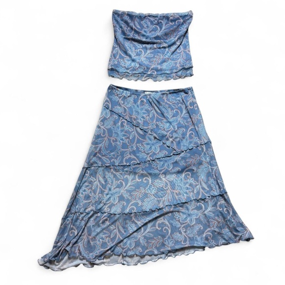 See You Monday Blue Floral Print Tube Top & Skirt Set Womens Size XL NWT - Picture 1 of 5
